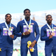 Silver medalist Marvin Bracy, gold medalist Fred Kerley and bronze medalist Trayvon Bromell sweep the 100M podium for the US at the World Championships in Eugene, Ore.